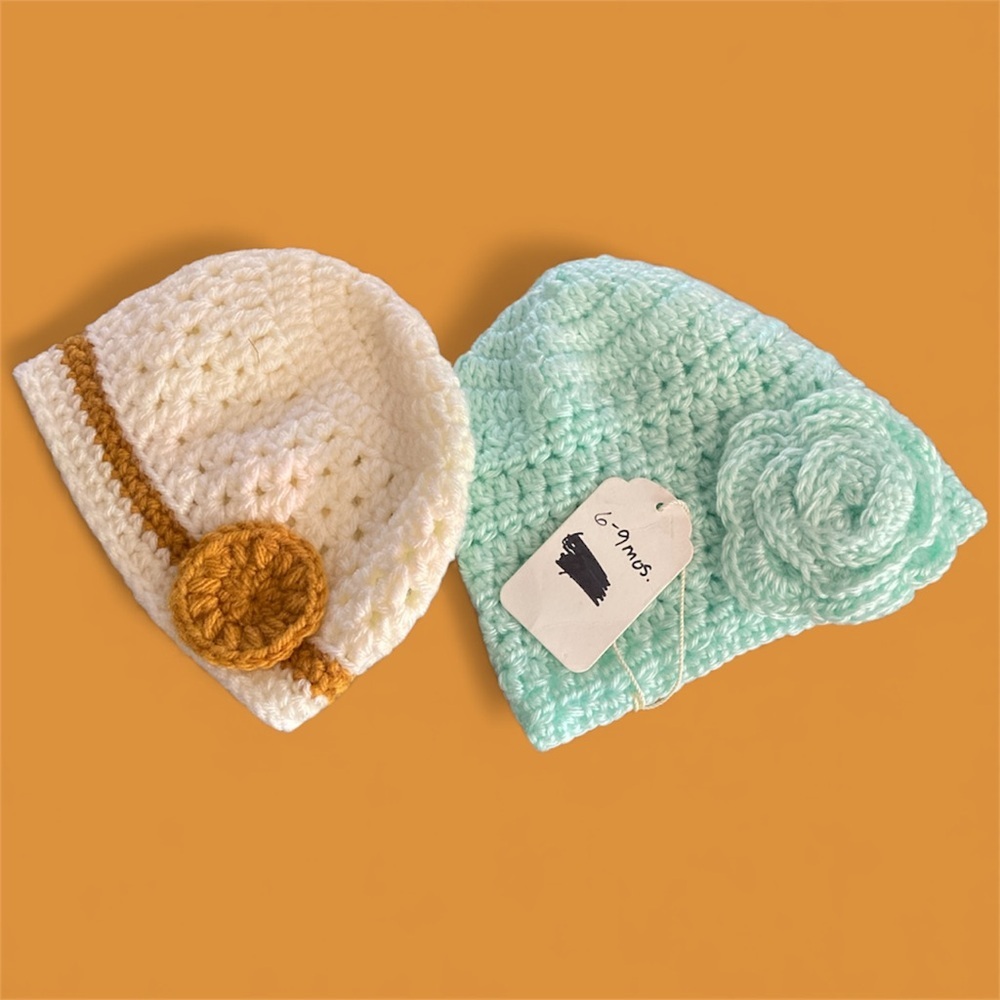 Homemade winter hat set for 6-9 months beautiful green and cream and brown